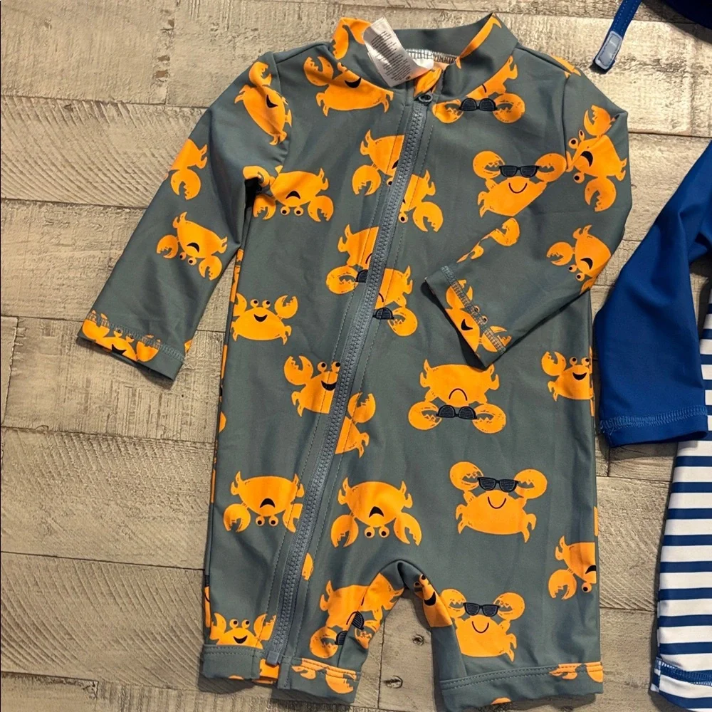 Kids' Crab Print Rashguard Swimsuit Set - Blue/Orange